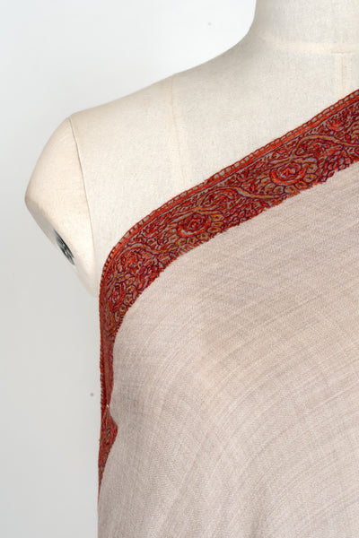 2.5 Yards | Gul-e-Atash — Sozni Hand-Embroidered Shawl in Beige with Fiery Red Borders