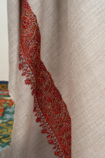 2.5 Yards | Gul-e-Atash — Sozni Hand-Embroidered Shawl in Beige with Fiery Red Borders