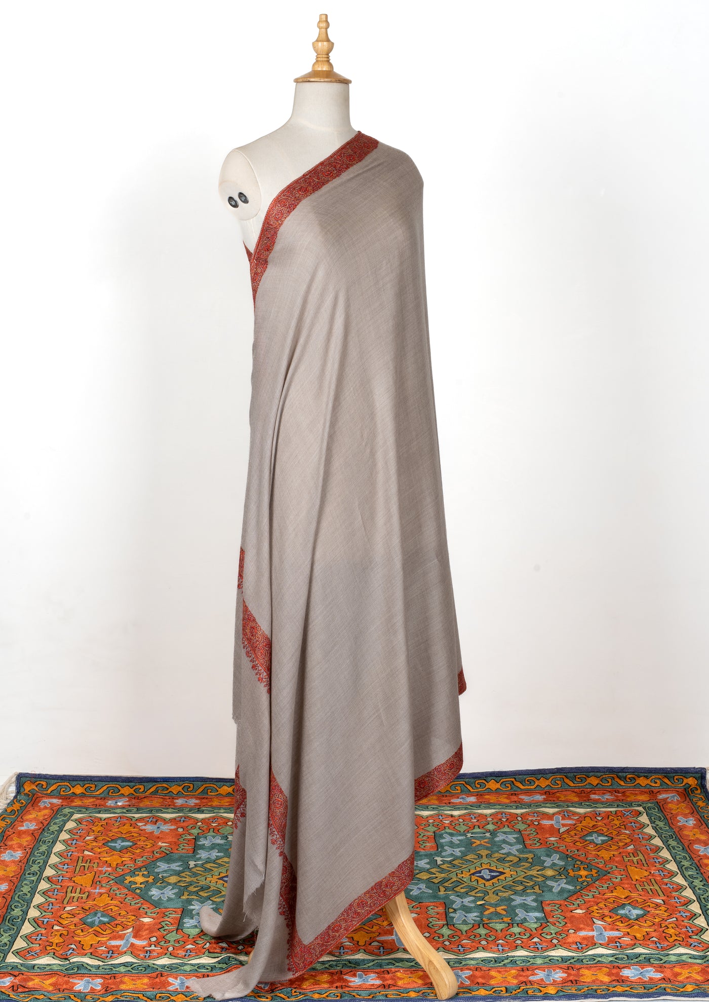 2.5 Yards | Gul-e-Atash — Sozni Hand-Embroidered Shawl in Beige with Fiery Red Borders