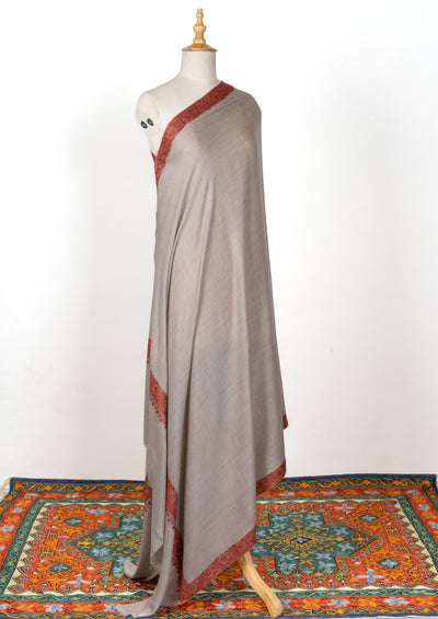 2.5 Yards | Gul-e-Atash — Sozni Hand-Embroidered Shawl in Beige with Fiery Red Borders