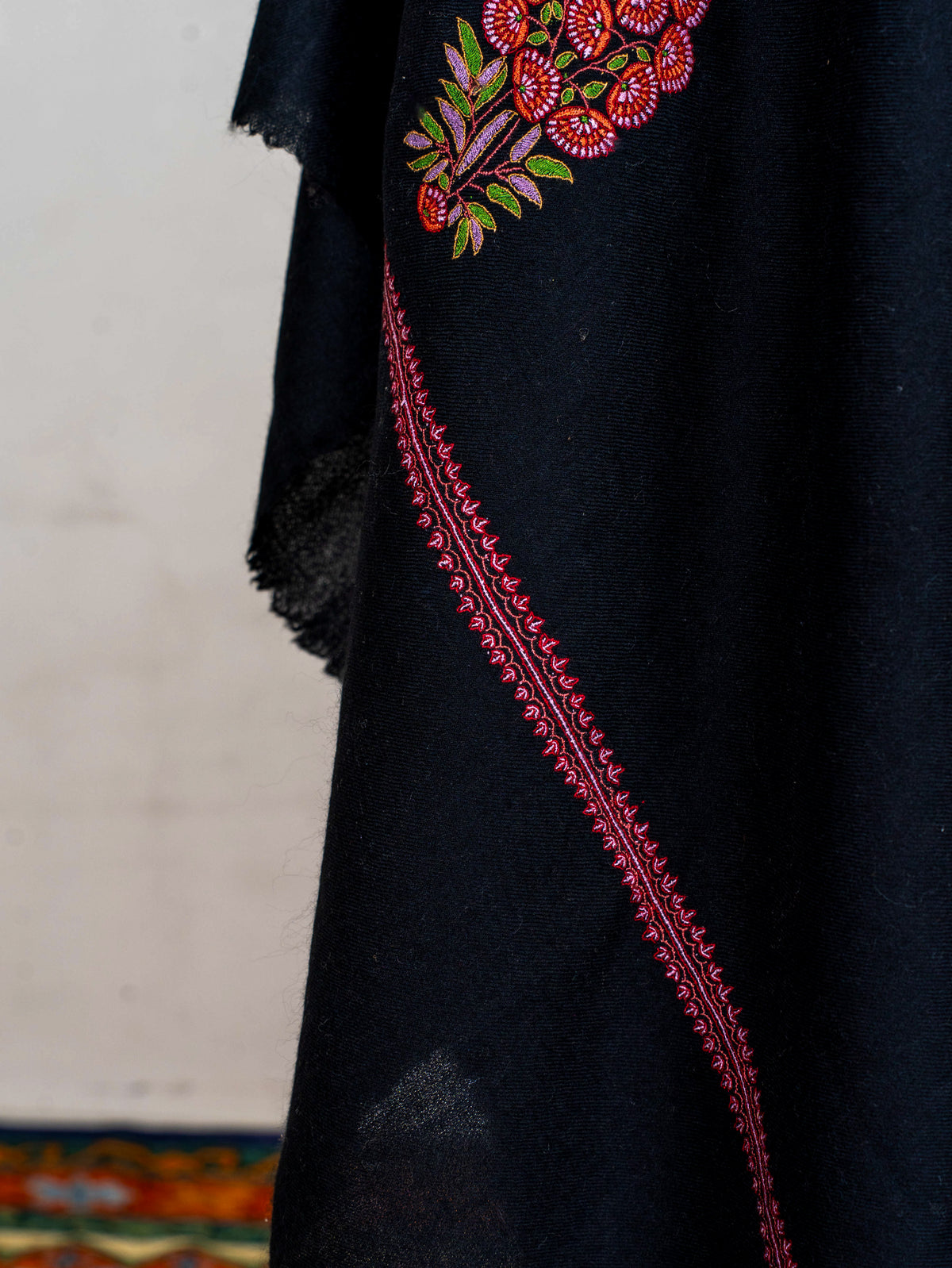 Crimson Bouquet Pure Pashmina Hand Embroidered Sozni Shawl