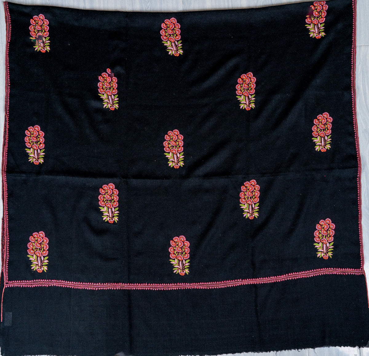 Crimson Bouquet Pure Pashmina Hand Embroidered Sozni Shawl