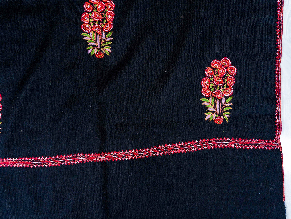Crimson Bouquet Pure Pashmina Hand Embroidered Sozni Shawl