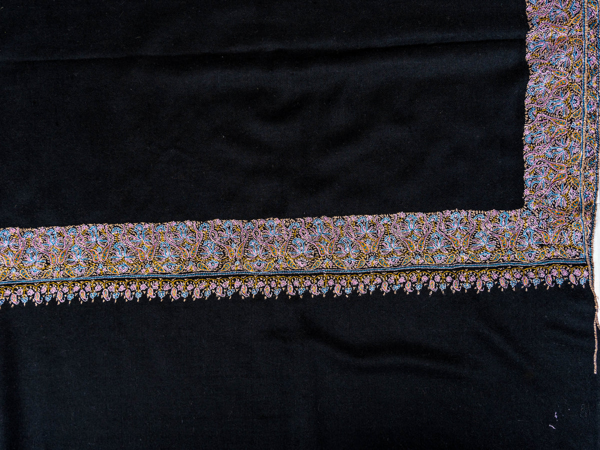 Midnight Paisley Pure Pashmina Hand Embroidered Sozni Shawl