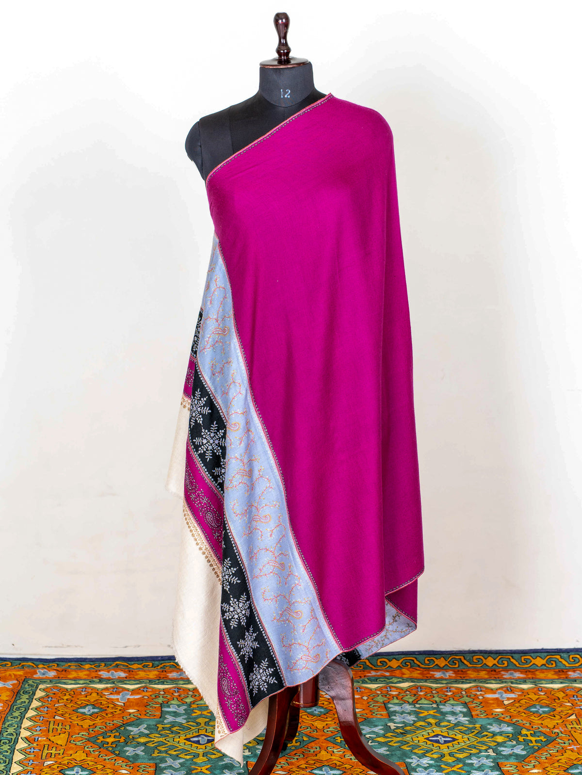Fuchsia Panel Pure Pashmina Sozni Hand Embroidered Shawl
