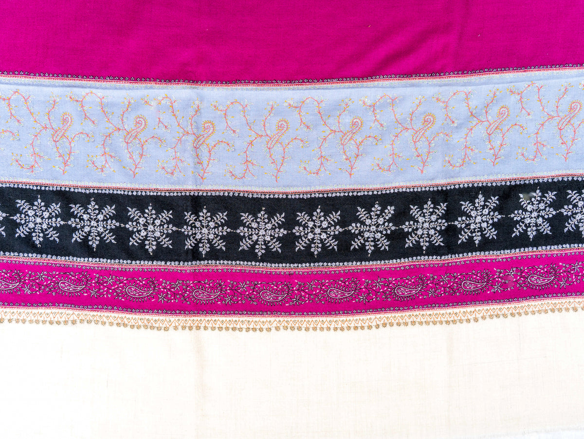 Fuchsia Panel Pure Pashmina Sozni Hand Embroidered Shawl
