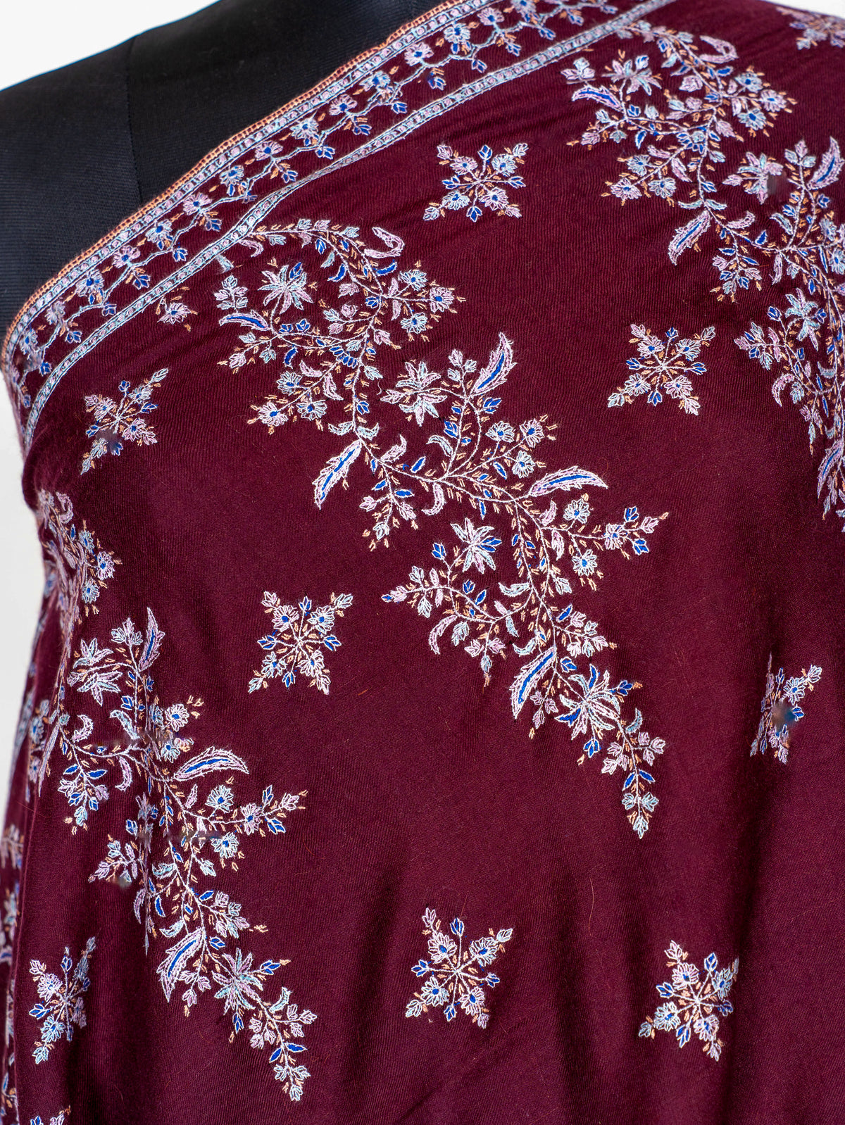 Wine Blossom Pure Pashmina Sozni Hand Embroidered Shawl