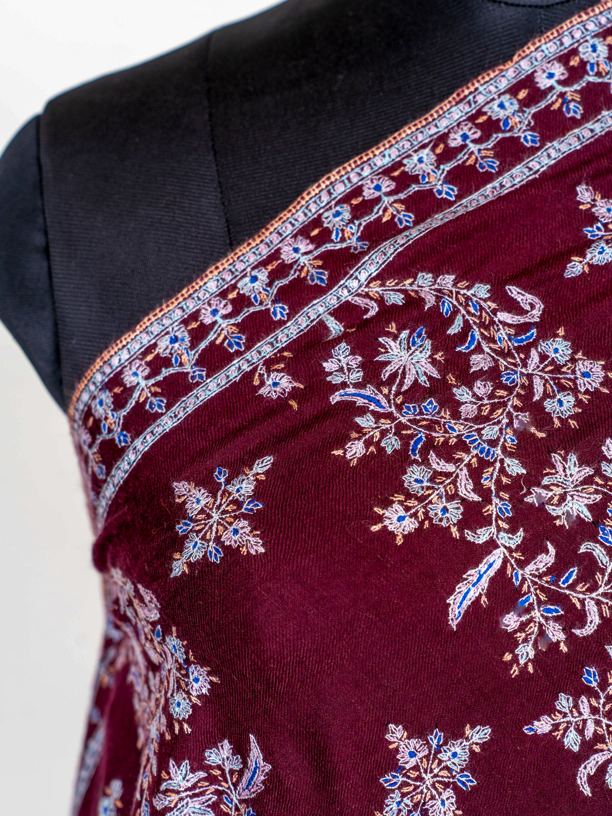 Wine Blossom Pure Pashmina Sozni Hand Embroidered Shawl