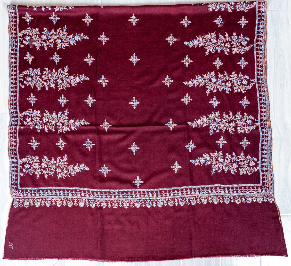 Wine Blossom Pure Pashmina Sozni Hand Embroidered Shawl