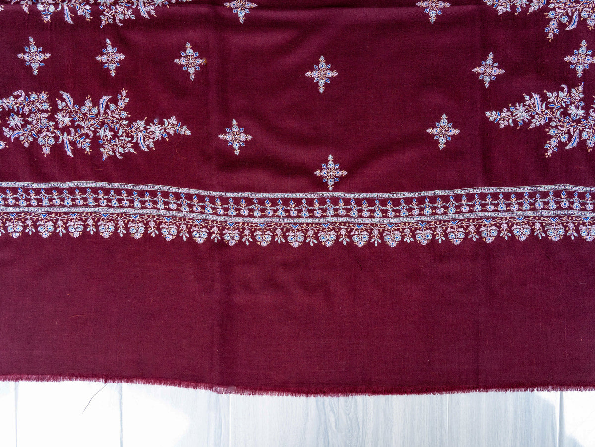 Wine Blossom Pure Pashmina Sozni Hand Embroidered Shawl