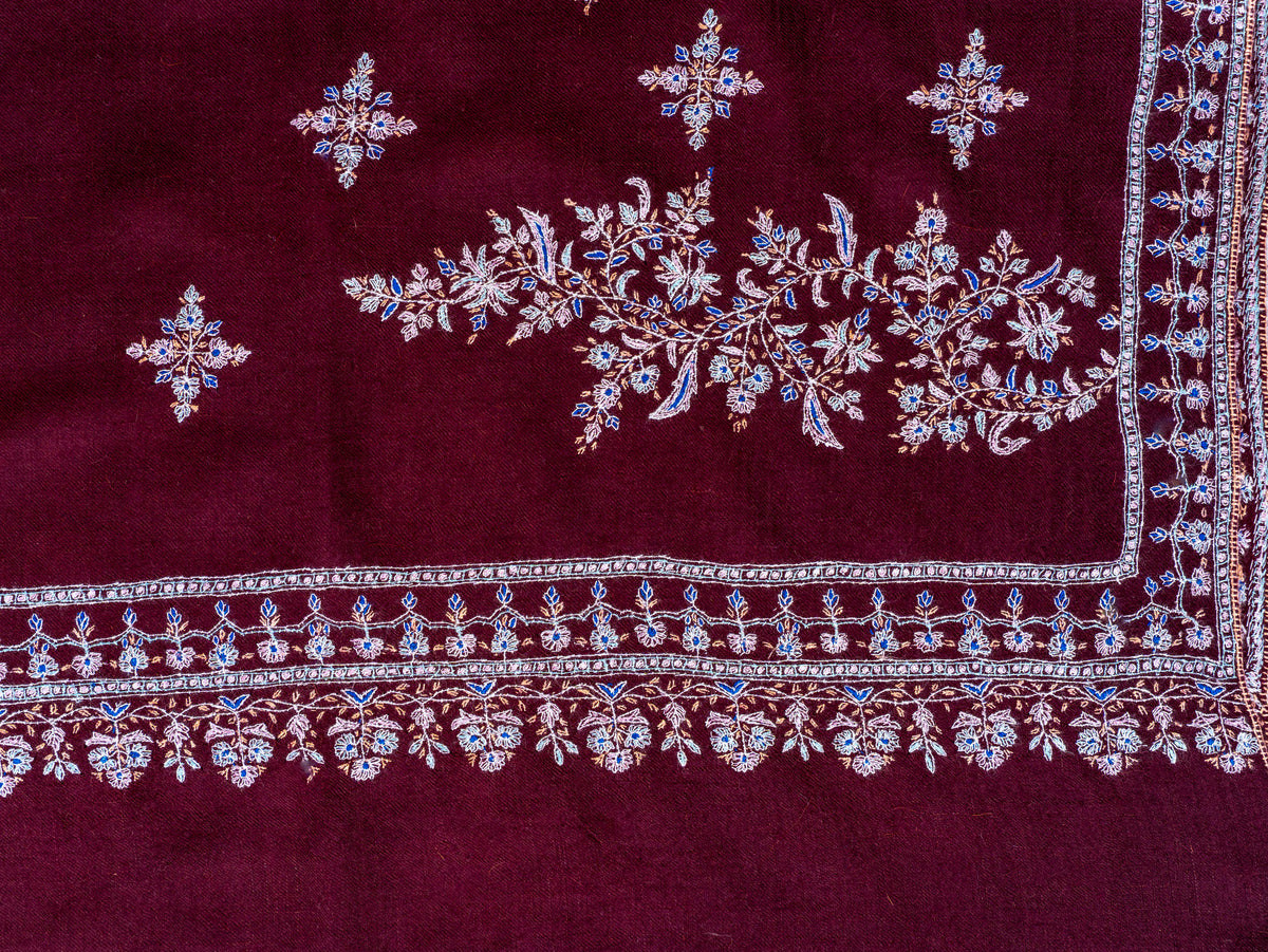 Wine Blossom Pure Pashmina Sozni Hand Embroidered Shawl