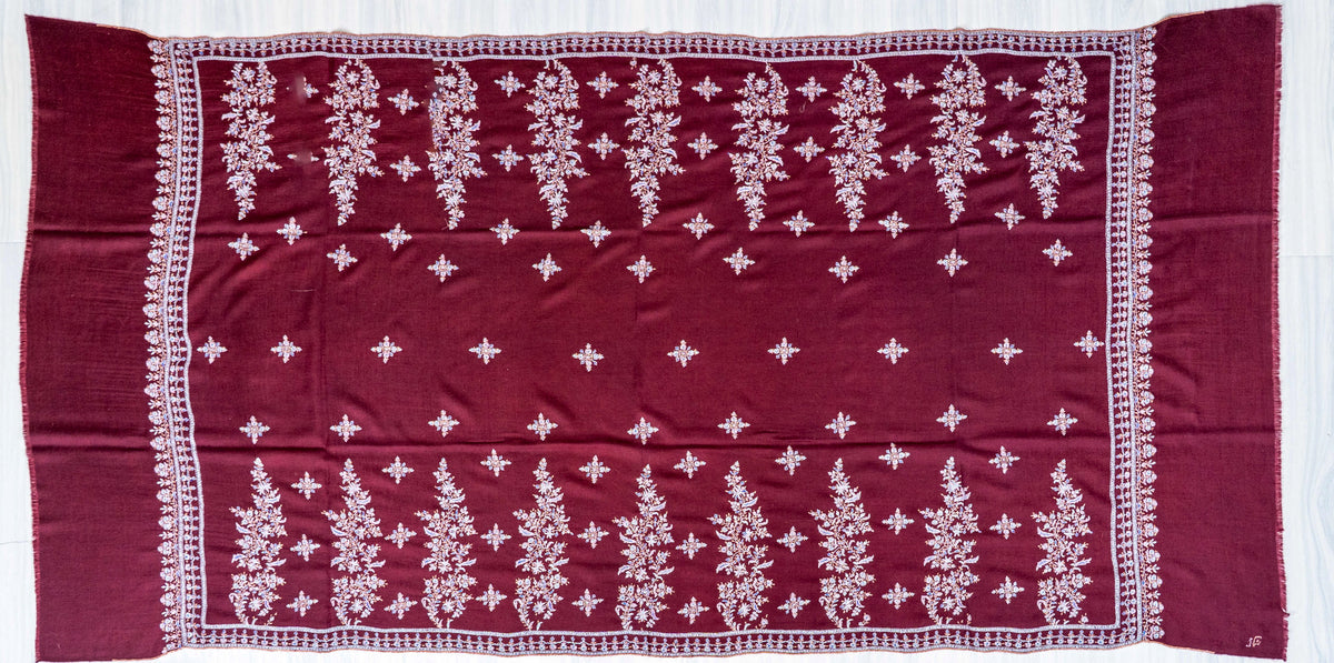 Wine Blossom Pure Pashmina Sozni Hand Embroidered Shawl
