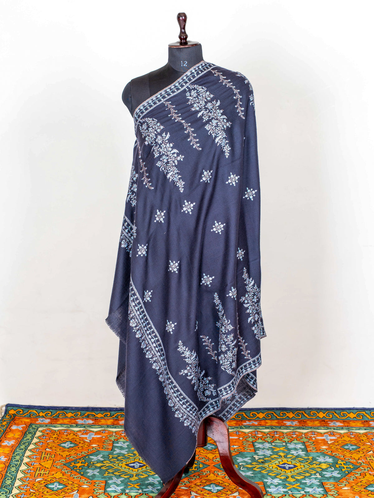 Moonlit Navy Pure Pashmina Sozni Hand Embroidered Shawl