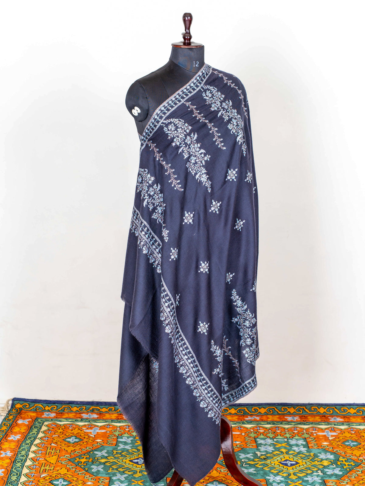 Moonlit Navy Pure Pashmina Sozni Hand Embroidered Shawl