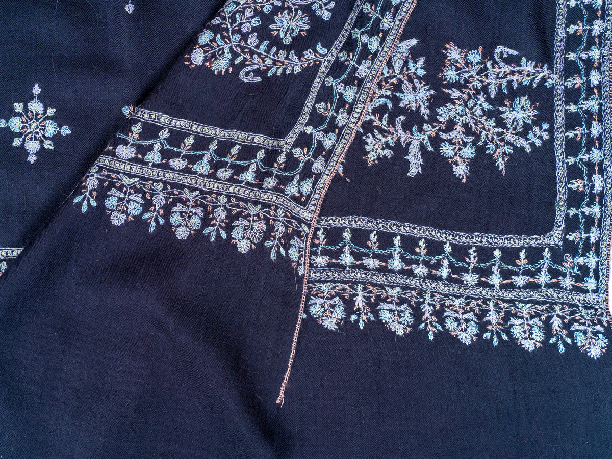 Moonlit Navy Pure Pashmina Sozni Hand Embroidered Shawl