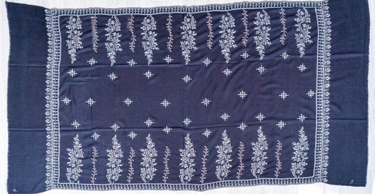 Moonlit Navy Pure Pashmina Sozni Hand Embroidered Shawl