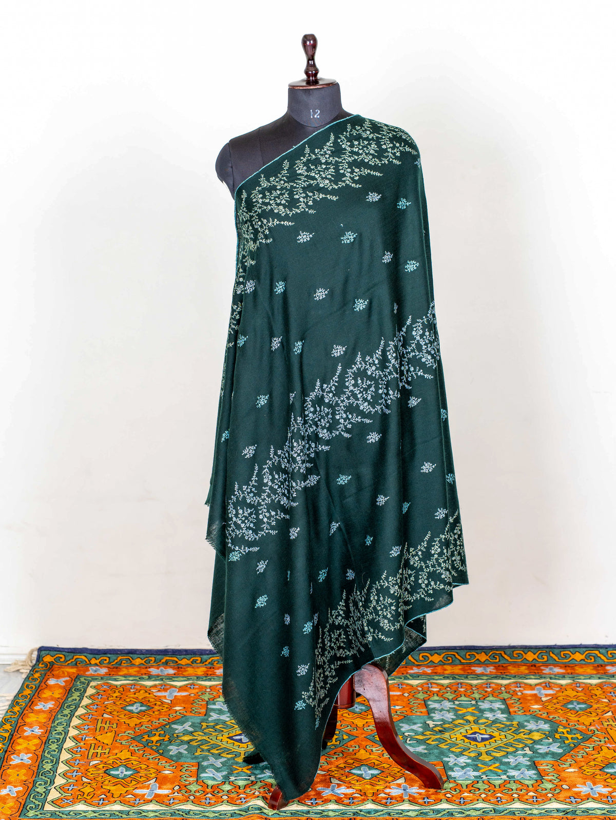 Emerald Whisper Pure Pashmina Hand Embroidered Sozni Shawl
