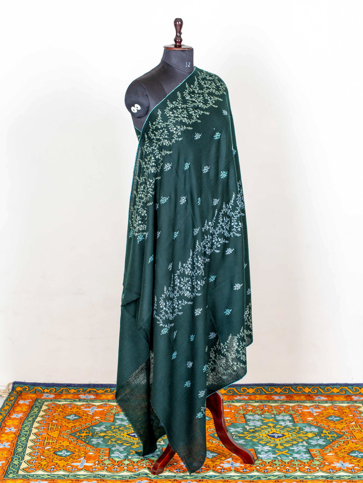 Emerald Whisper Pure Pashmina Hand Embroidered Sozni Shawl