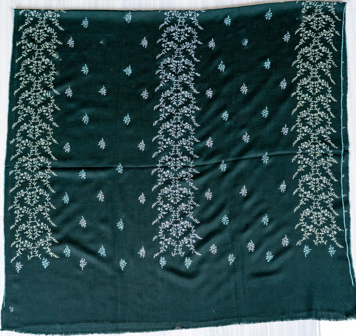 Emerald Whisper Pure Pashmina Hand Embroidered Sozni Shawl
