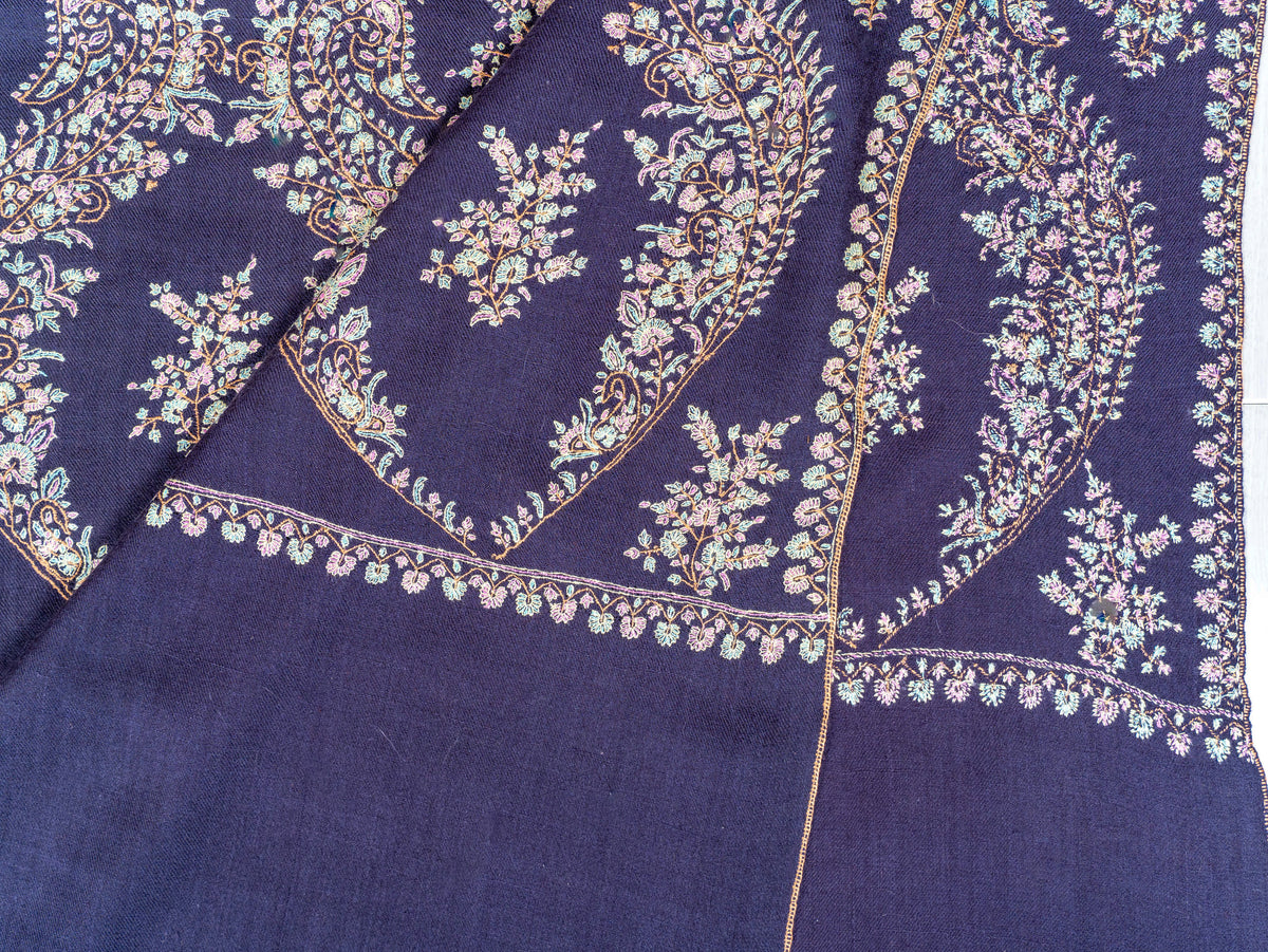 Twilight Paisley Pure Pashmina Sozni Hand Embroidered Shawl