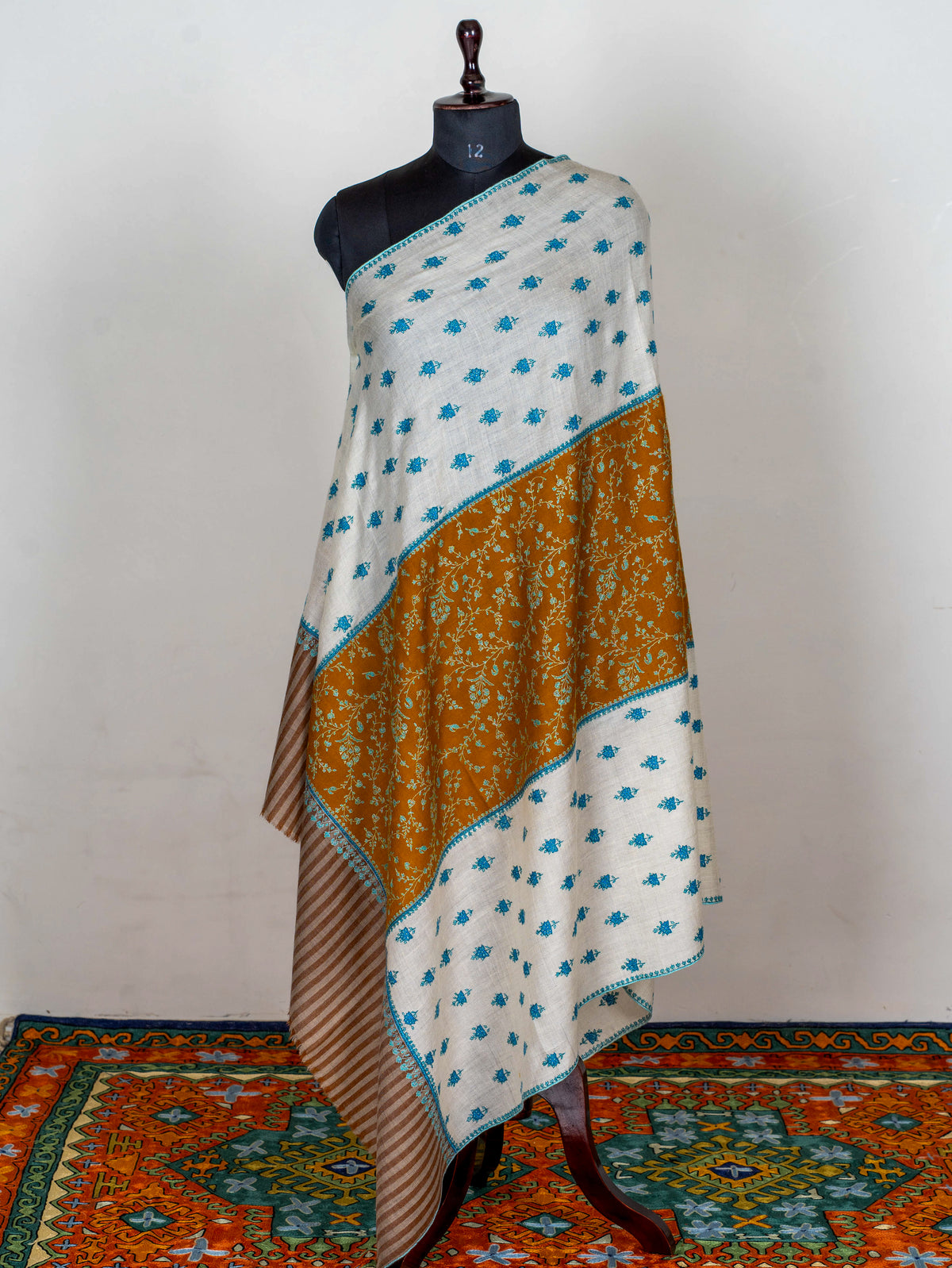 Ivory Saffron Panel Pure Pashmina Sozni Hand Embroidered Shawl