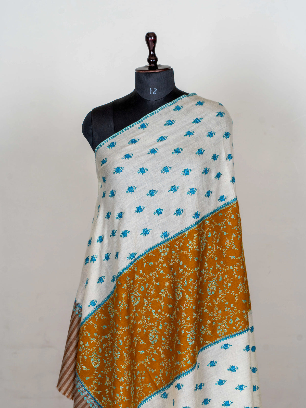 Ivory Saffron Panel Pure Pashmina Sozni Hand Embroidered Shawl