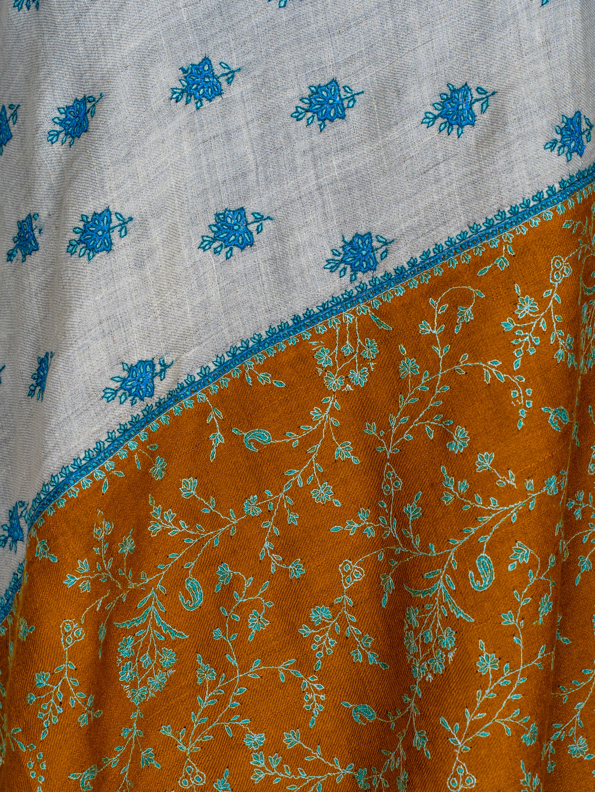 Ivory Saffron Panel Pure Pashmina Sozni Hand Embroidered Shawl