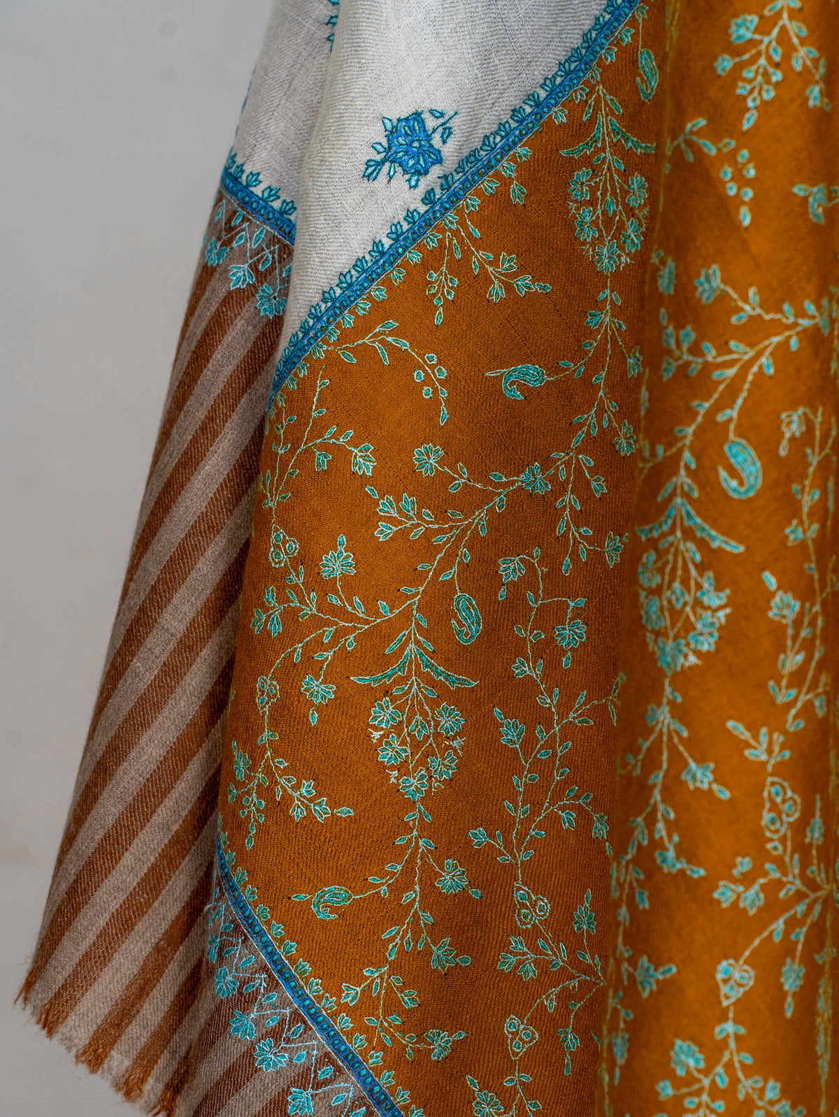 Ivory Saffron Panel Pure Pashmina Sozni Hand Embroidered Shawl