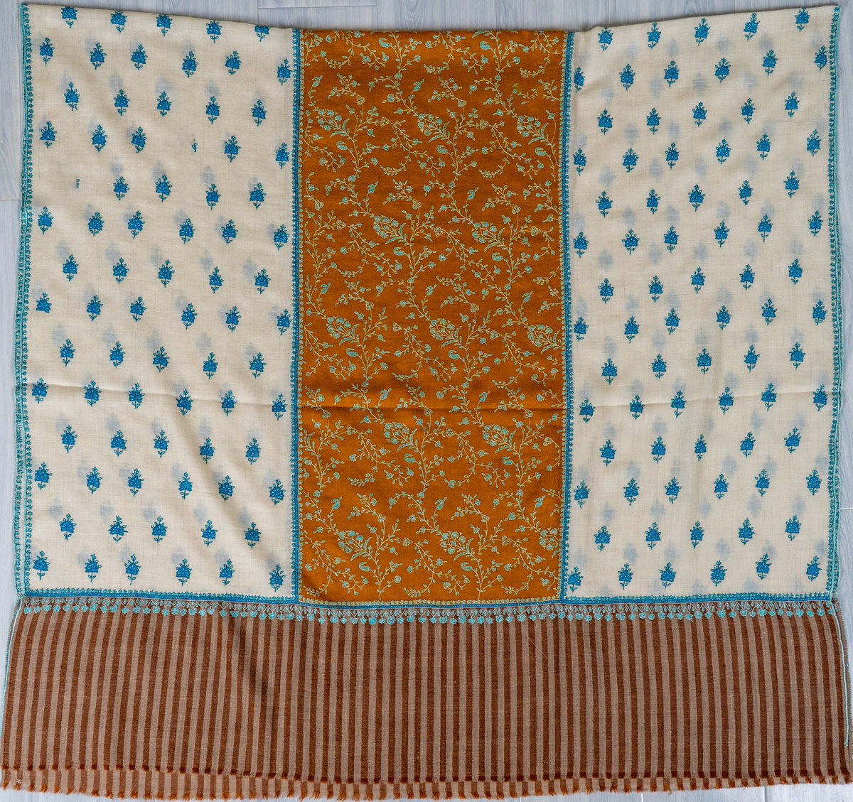 Ivory Saffron Panel Pure Pashmina Sozni Hand Embroidered Shawl