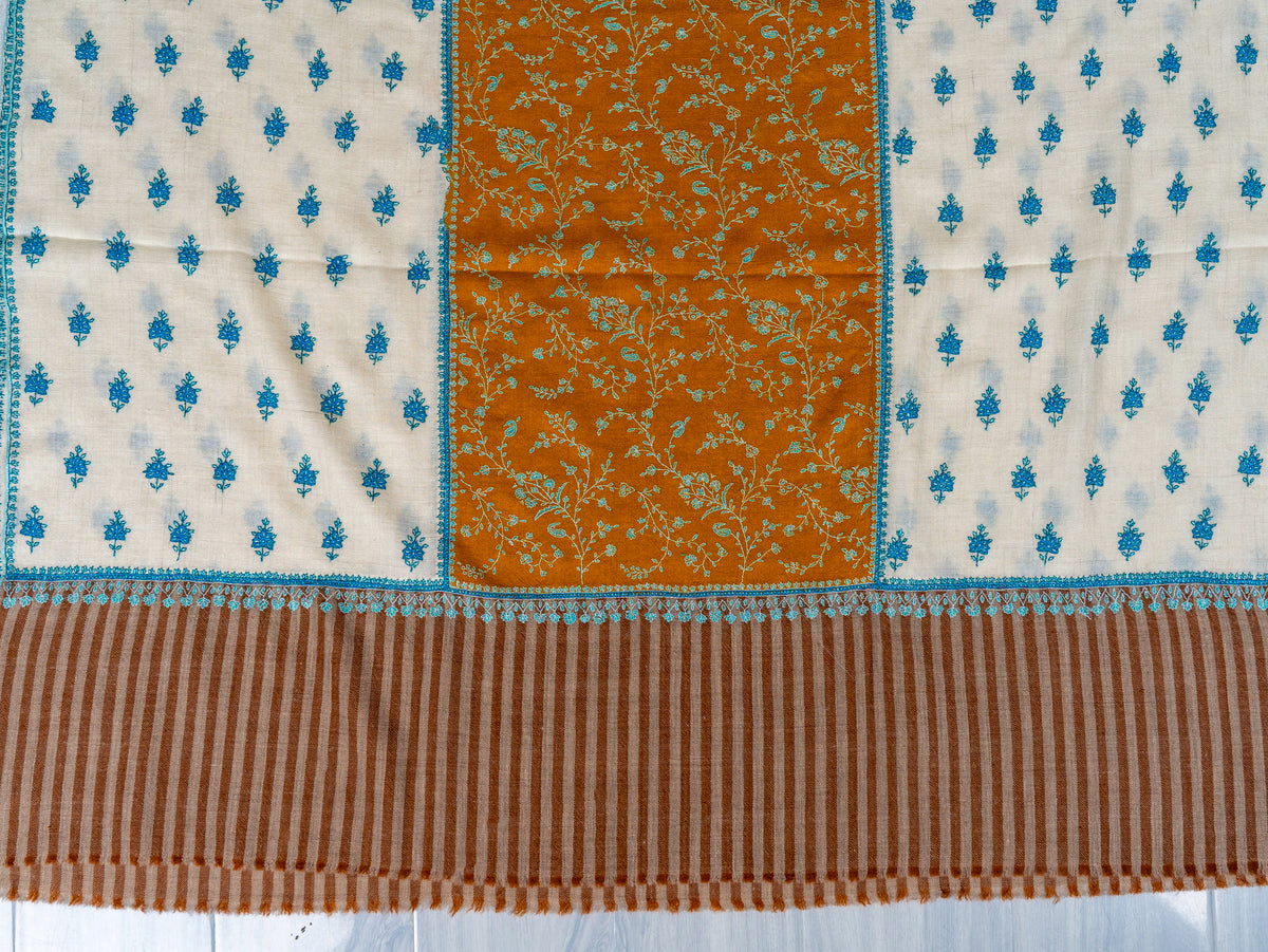 Ivory Saffron Panel Pure Pashmina Sozni Hand Embroidered Shawl