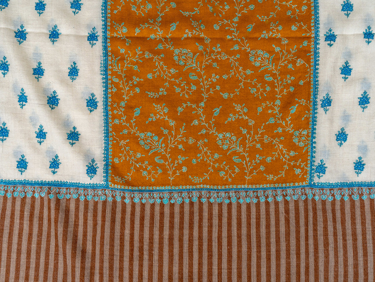 Ivory Saffron Panel Pure Pashmina Sozni Hand Embroidered Shawl