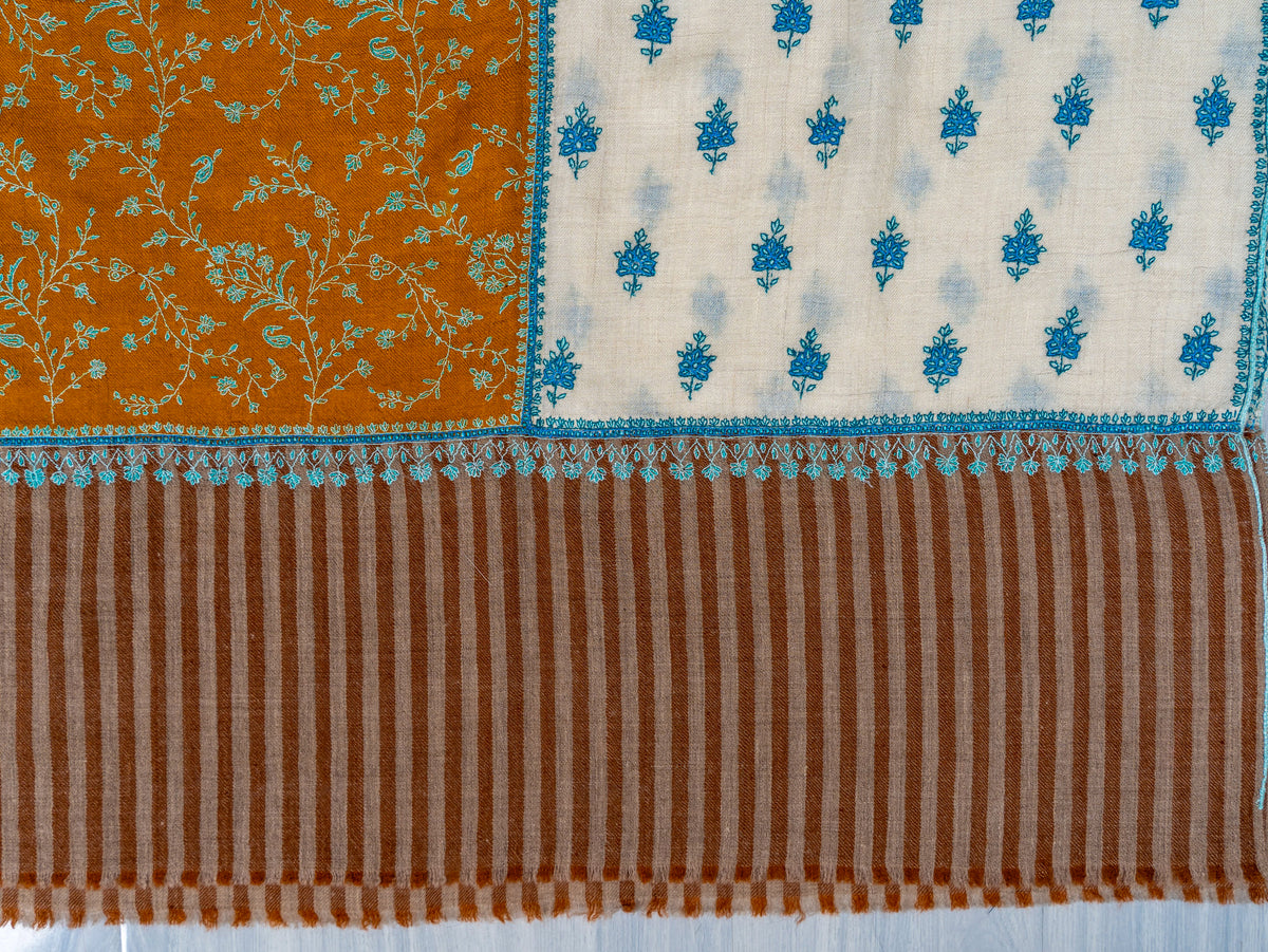 Ivory Saffron Panel Pure Pashmina Sozni Hand Embroidered Shawl