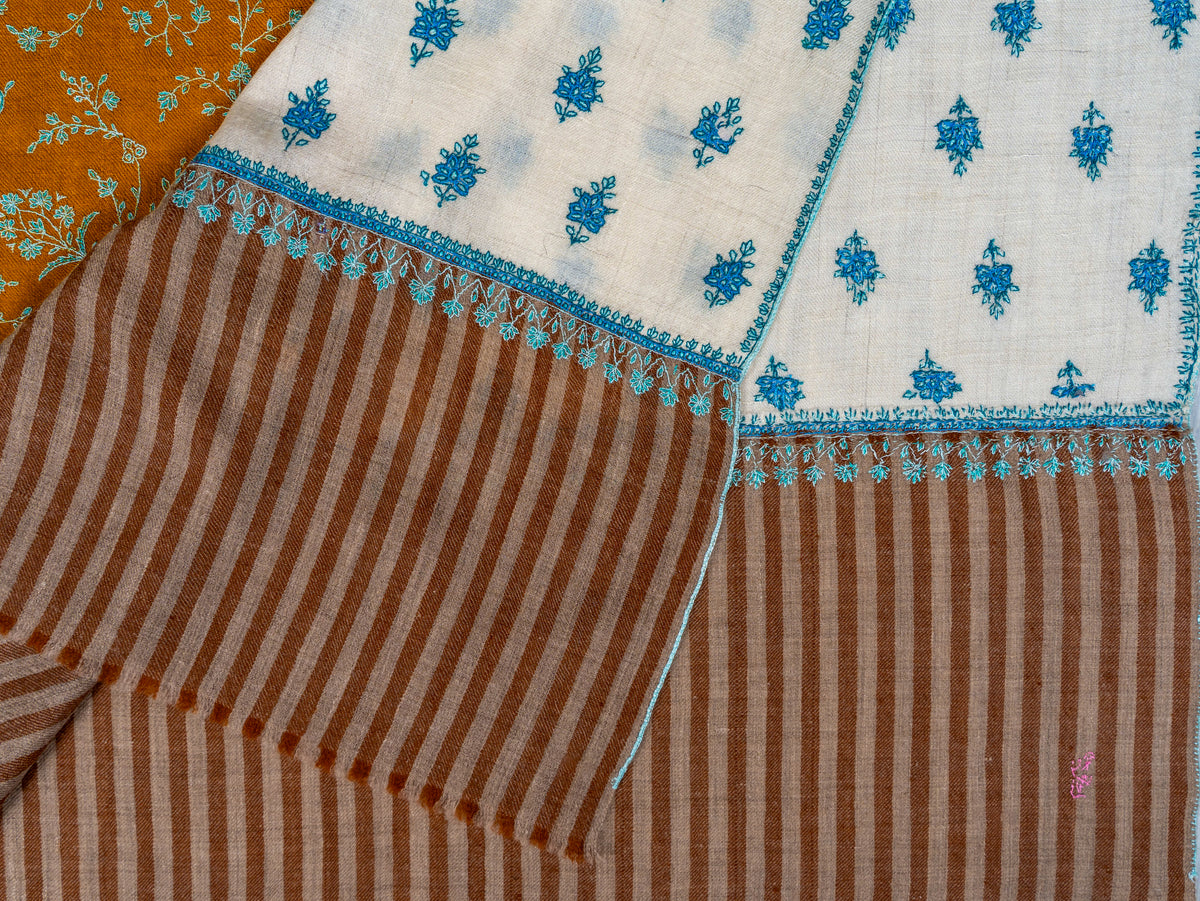Ivory Saffron Panel Pure Pashmina Sozni Hand Embroidered Shawl