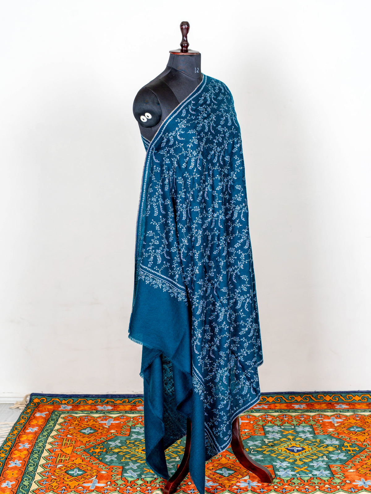 Deep Teal Vine Pure Pashmina Hand Embroidered Sozni Shawl
