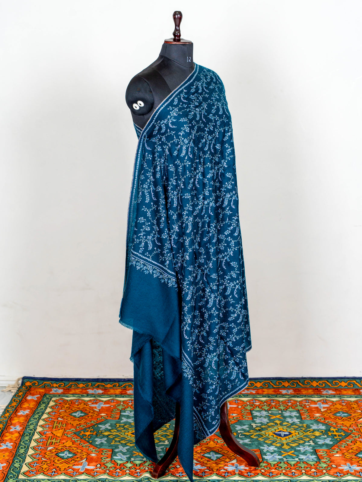Deep Teal Vine Pure Pashmina Hand Embroidered Sozni Shawl