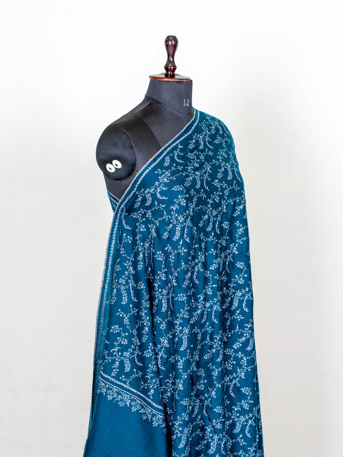 Deep Teal Vine Pure Pashmina Hand Embroidered Sozni Shawl