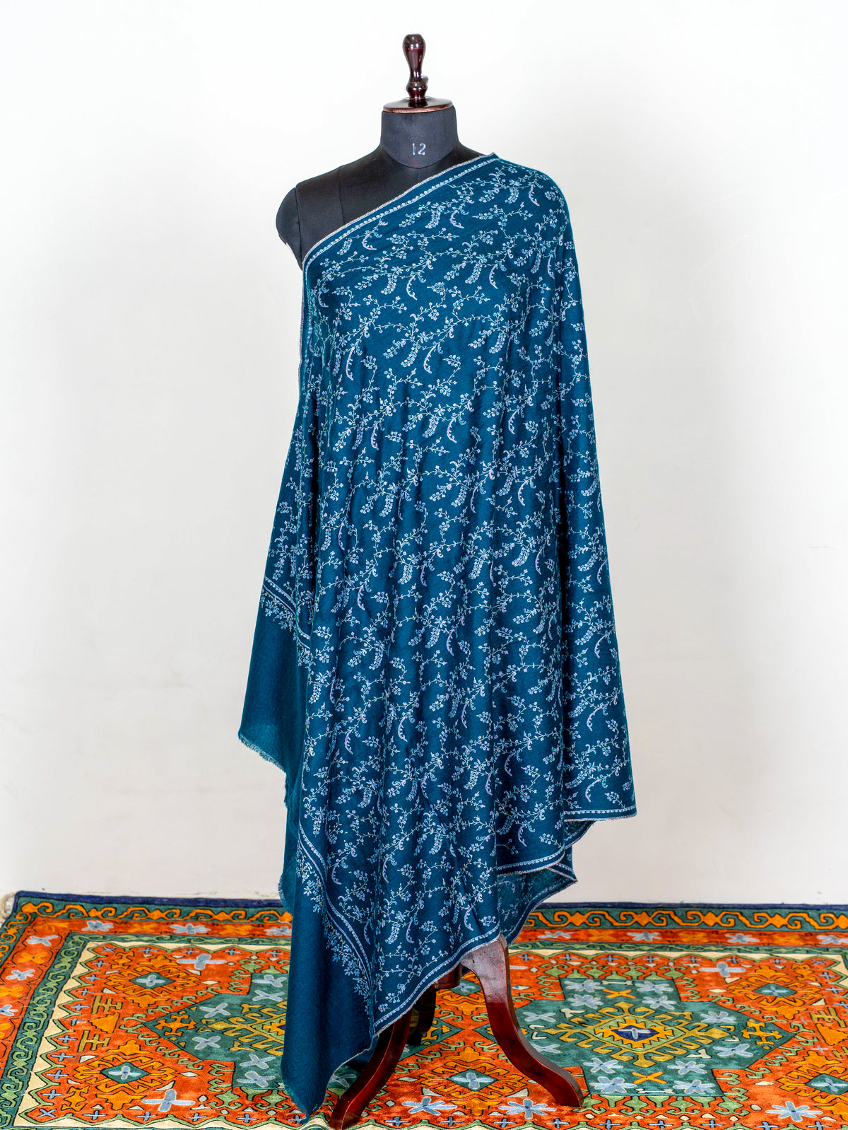 Deep Teal Vine Pure Pashmina Hand Embroidered Sozni Shawl