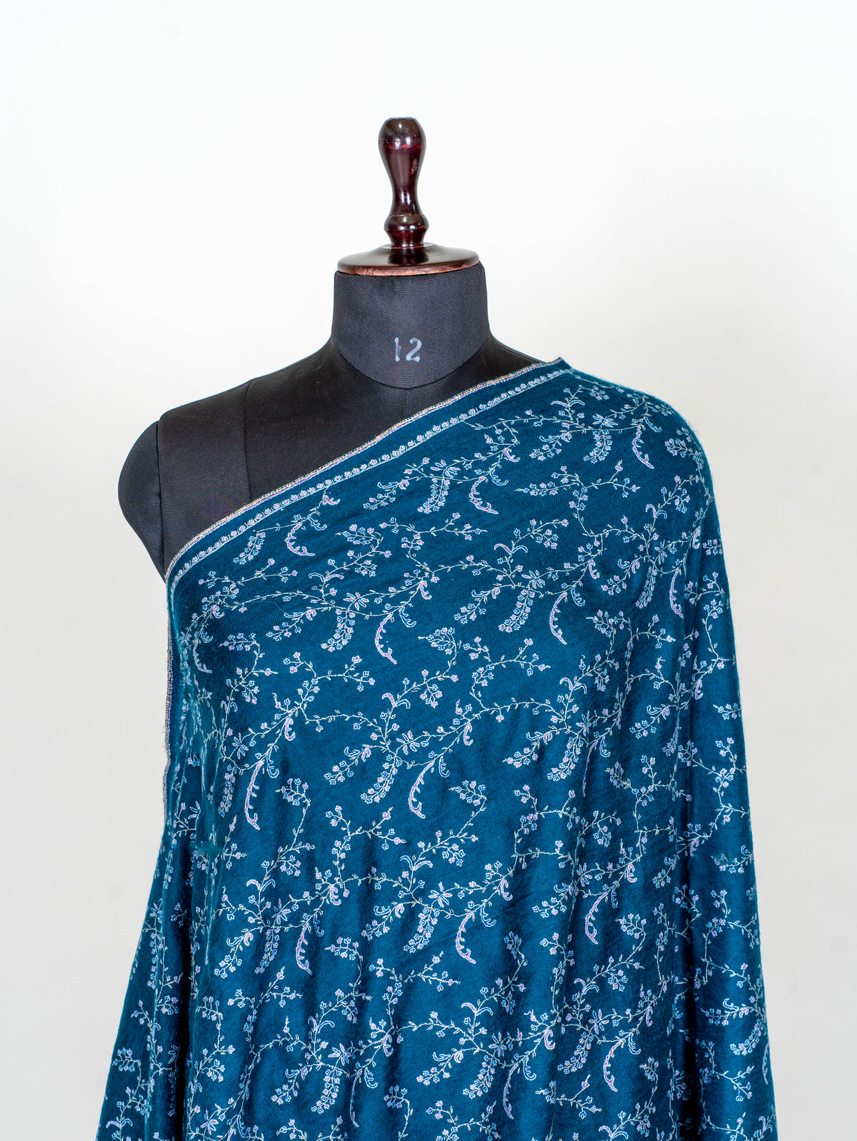 Deep Teal Vine Pure Pashmina Hand Embroidered Sozni Shawl