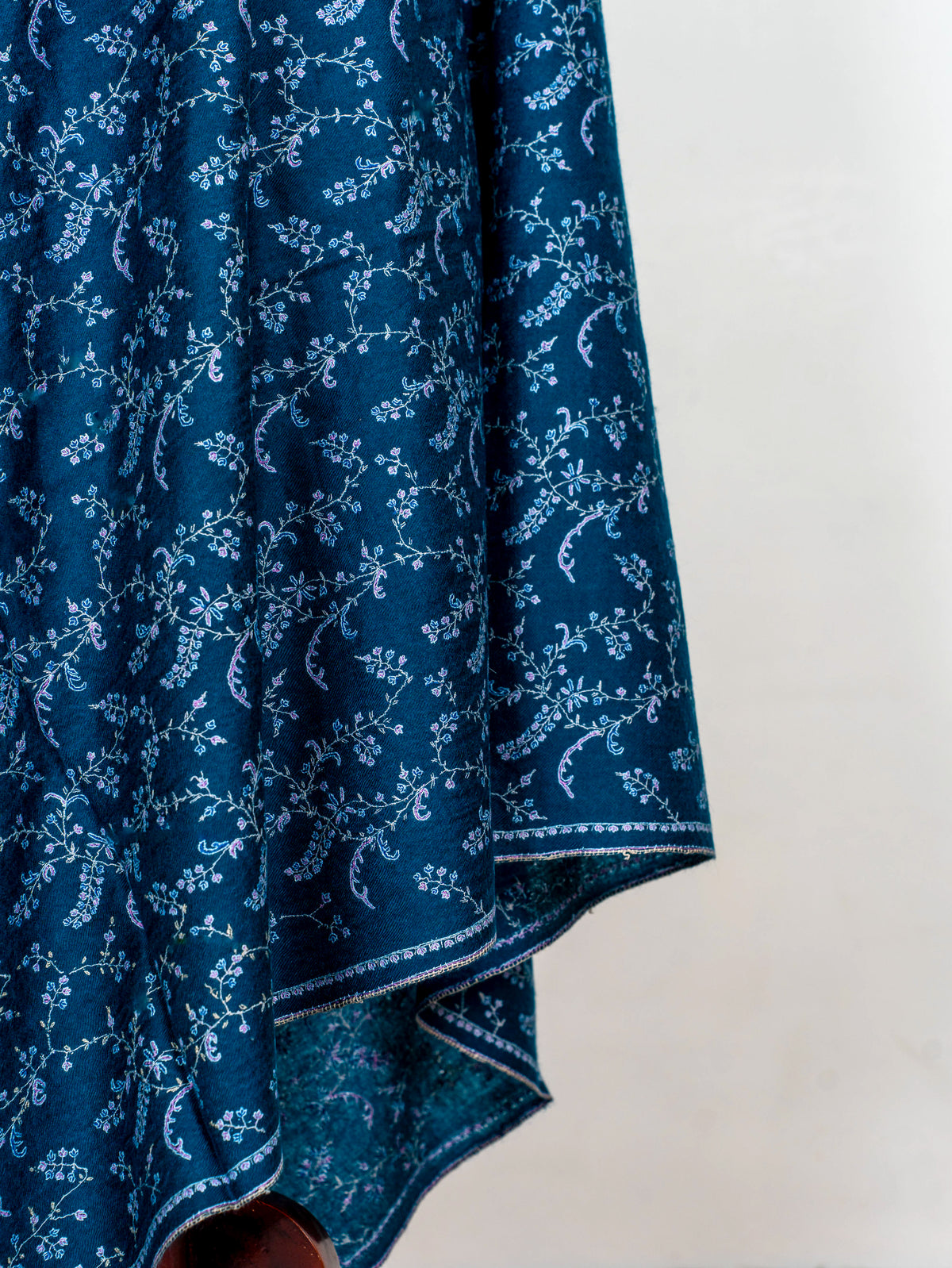 Deep Teal Vine Pure Pashmina Hand Embroidered Sozni Shawl