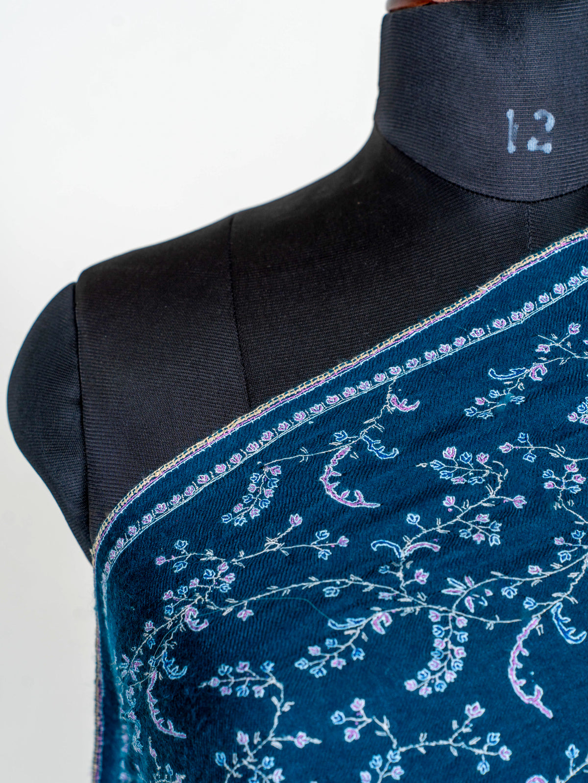Deep Teal Vine Pure Pashmina Hand Embroidered Sozni Shawl