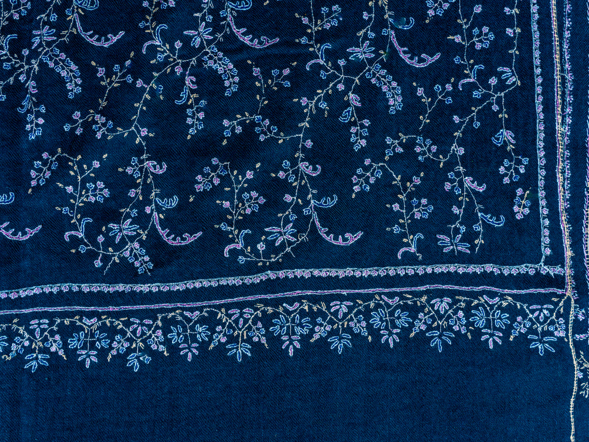 Deep Teal Vine Pure Pashmina Hand Embroidered Sozni Shawl