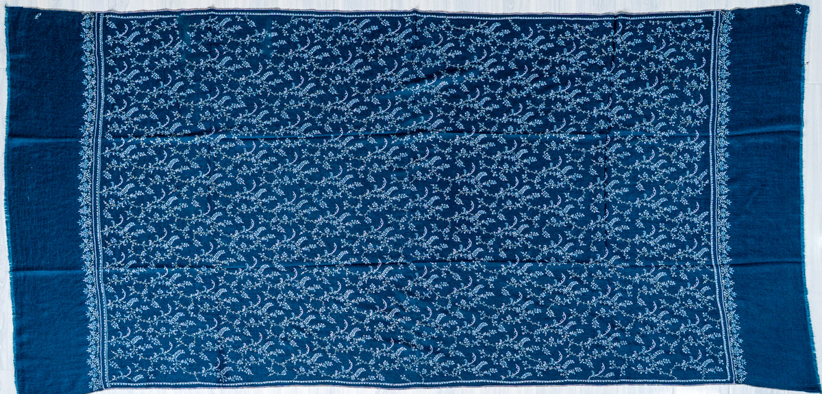 Deep Teal Vine Pure Pashmina Hand Embroidered Sozni Shawl