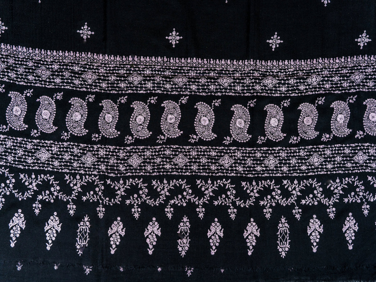 Noir Paisley Pure Pashmina Sozni Hand Embroidered Shawl