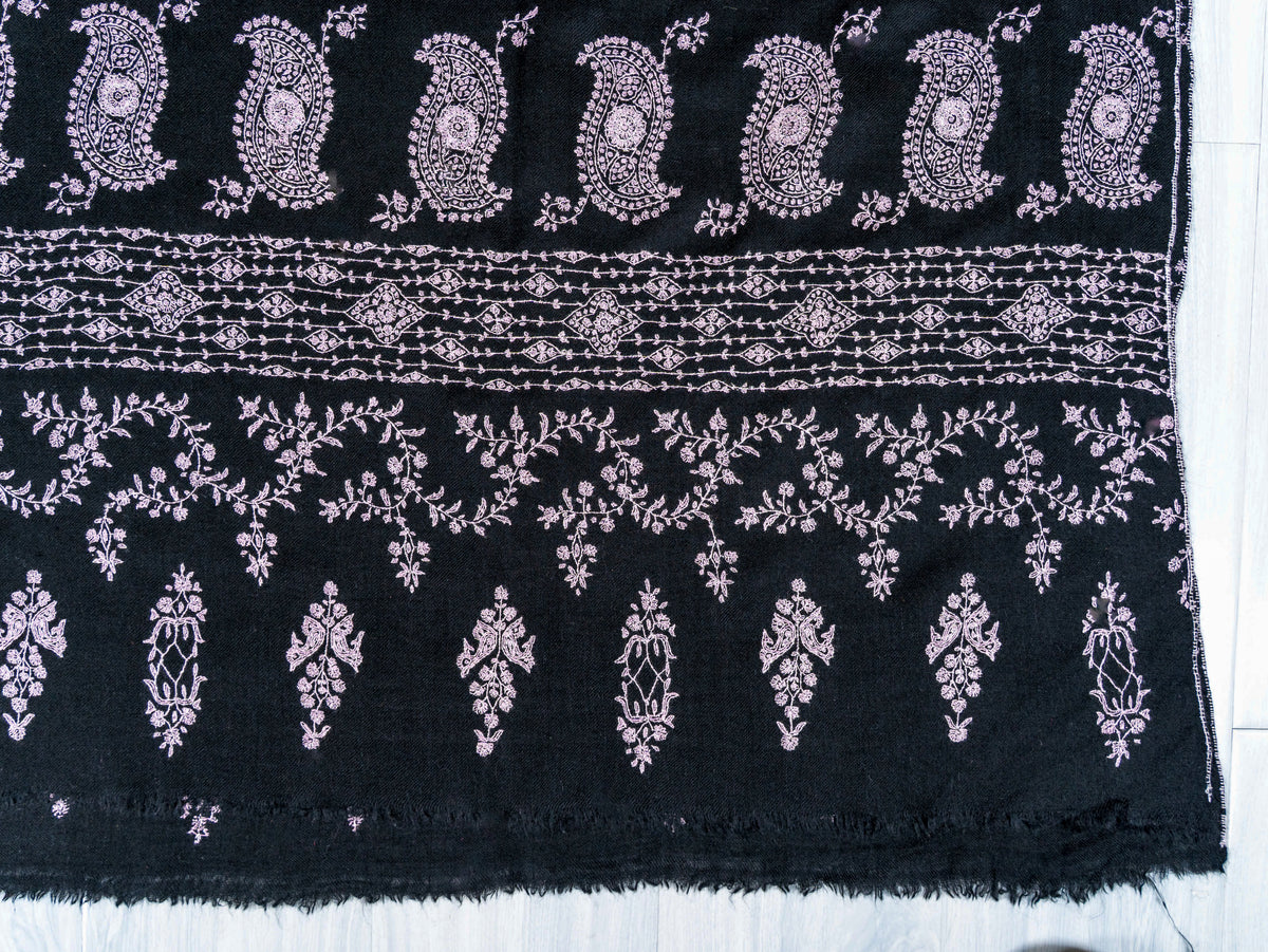 Noir Paisley Pure Pashmina Sozni Hand Embroidered Shawl
