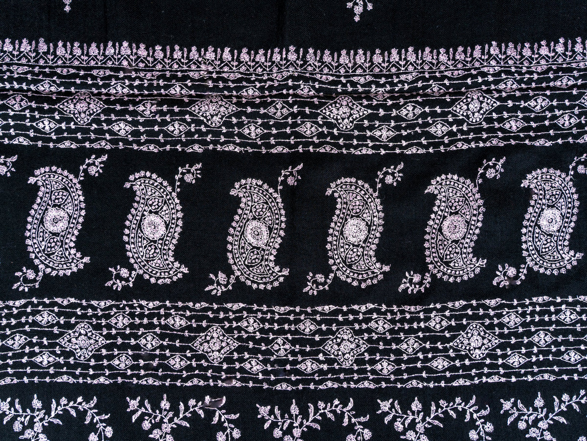 Noir Paisley Pure Pashmina Sozni Hand Embroidered Shawl