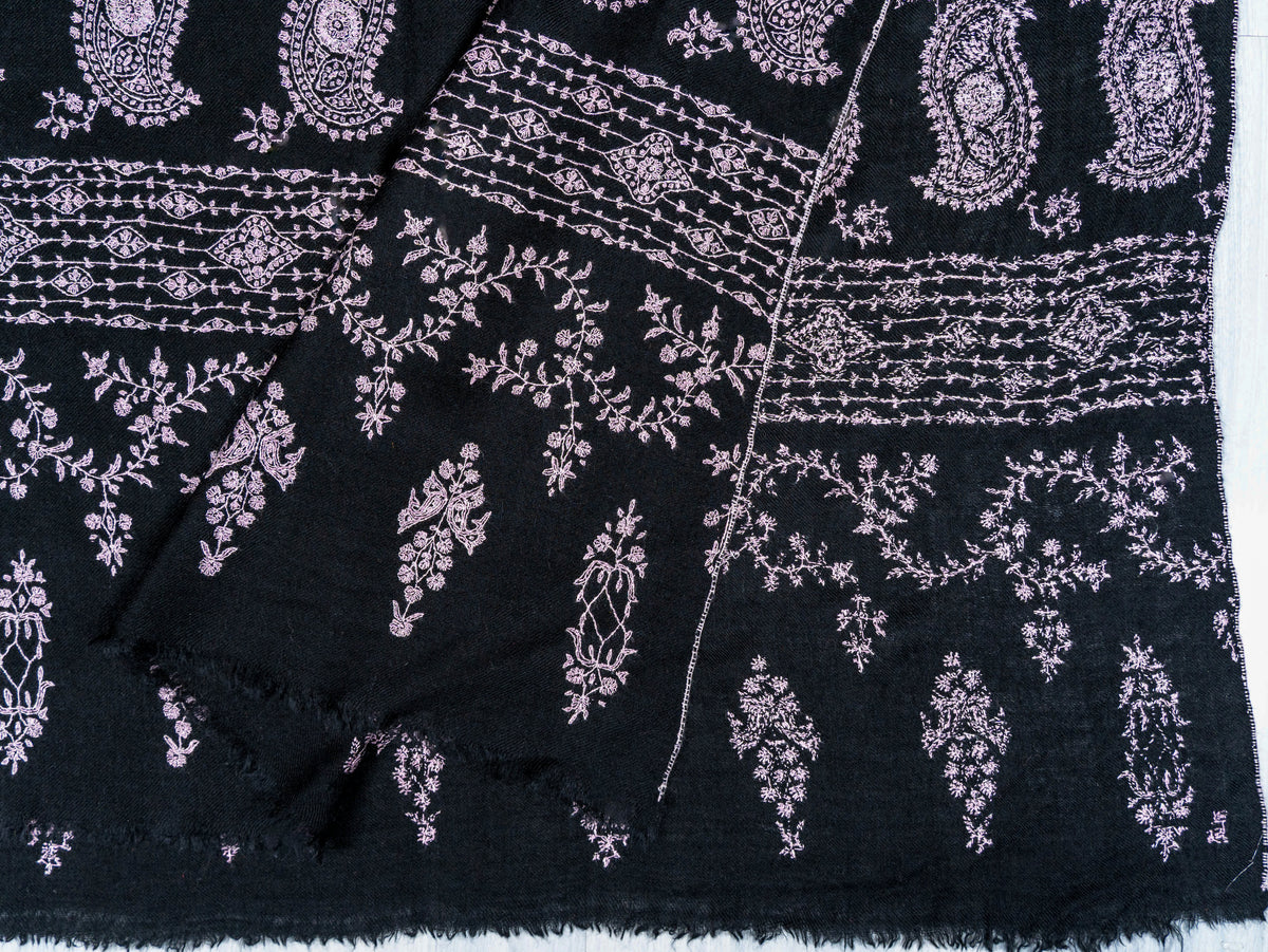Noir Paisley Pure Pashmina Sozni Hand Embroidered Shawl