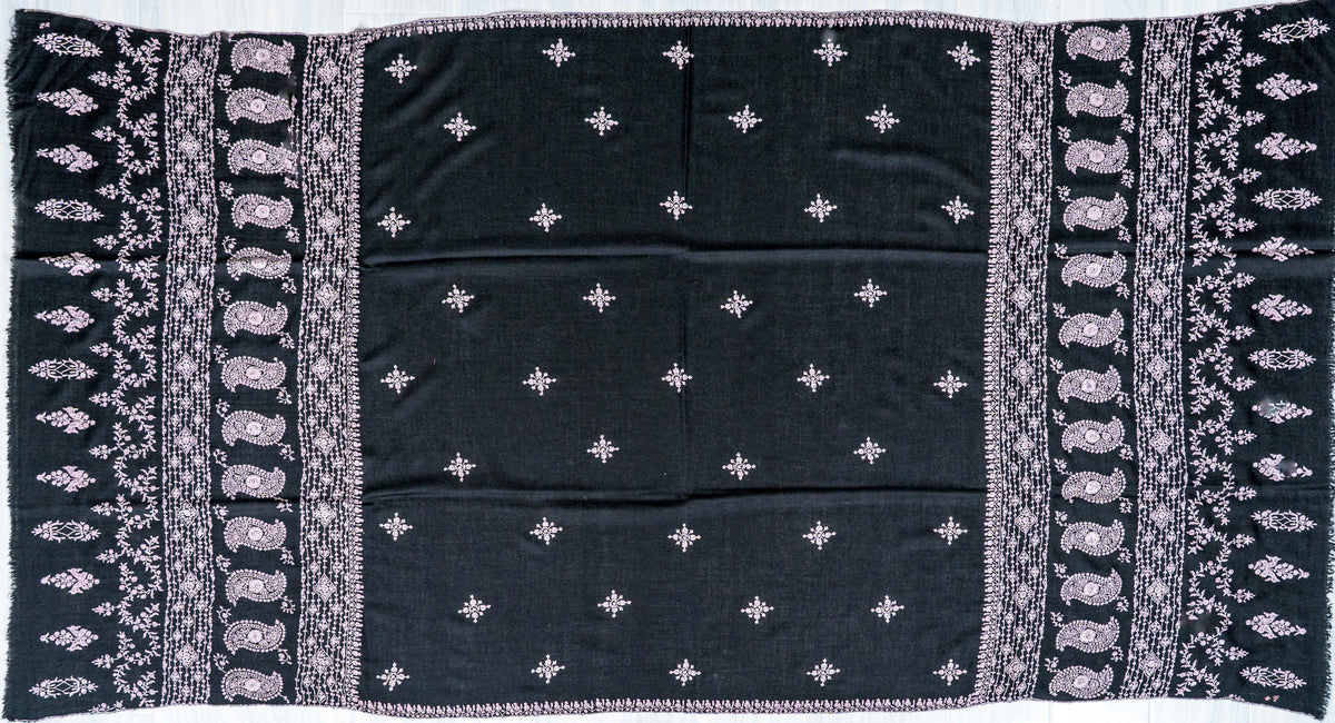 Noir Paisley Pure Pashmina Sozni Hand Embroidered Shawl