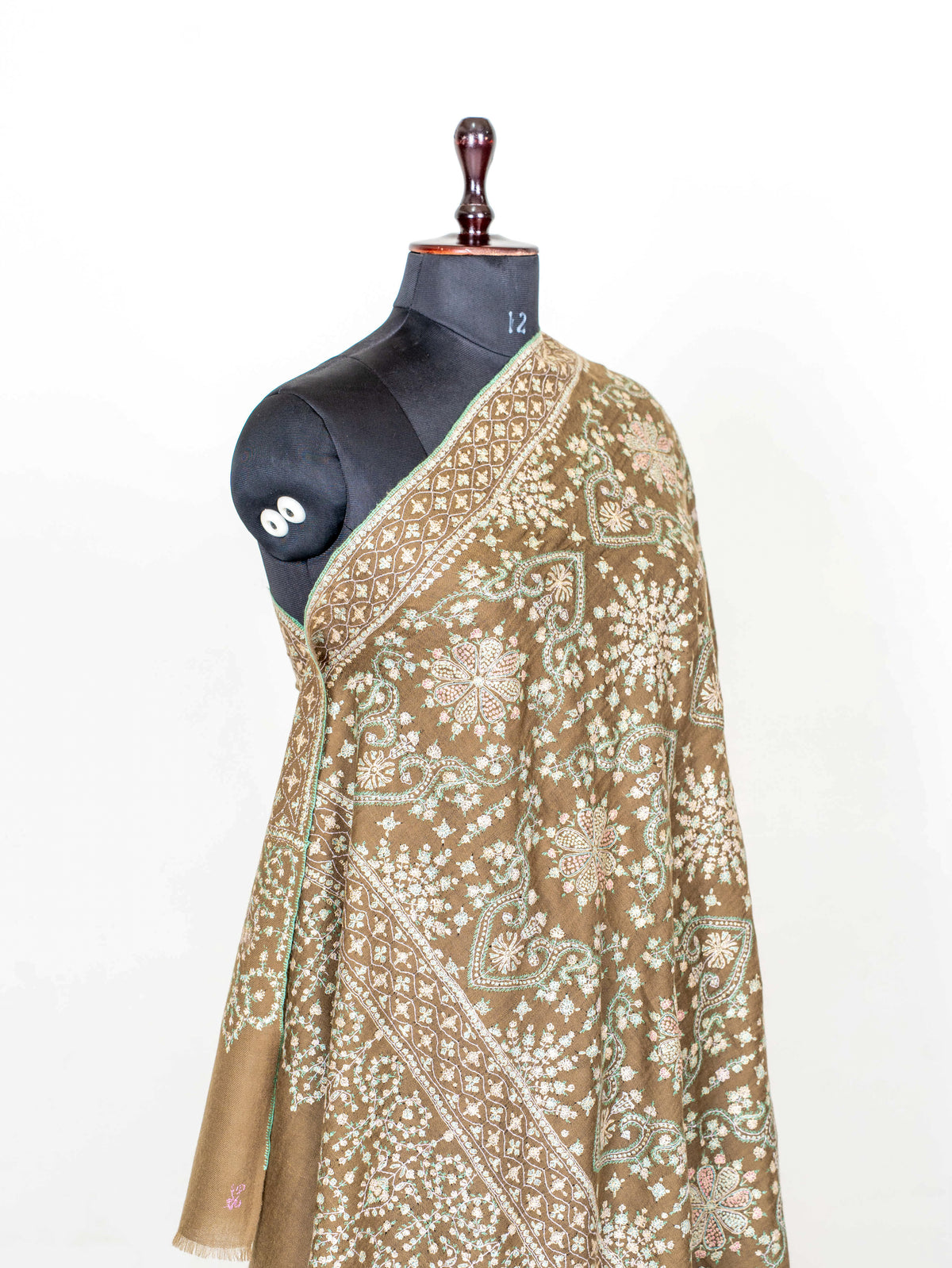 Olive Cascade Pure Pashmina Sozni Hand Embroidered Shawl