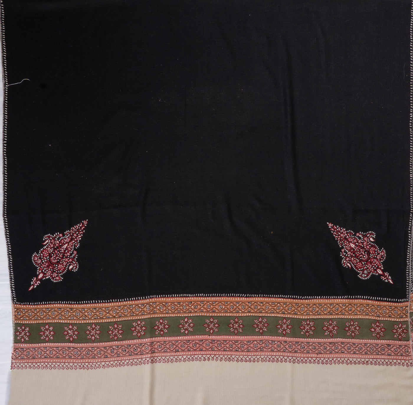 2.5 Yards | Shabnam-e-Siyah — Sozni Hand-Embroidered Shawl in Black with Multicolor Borders