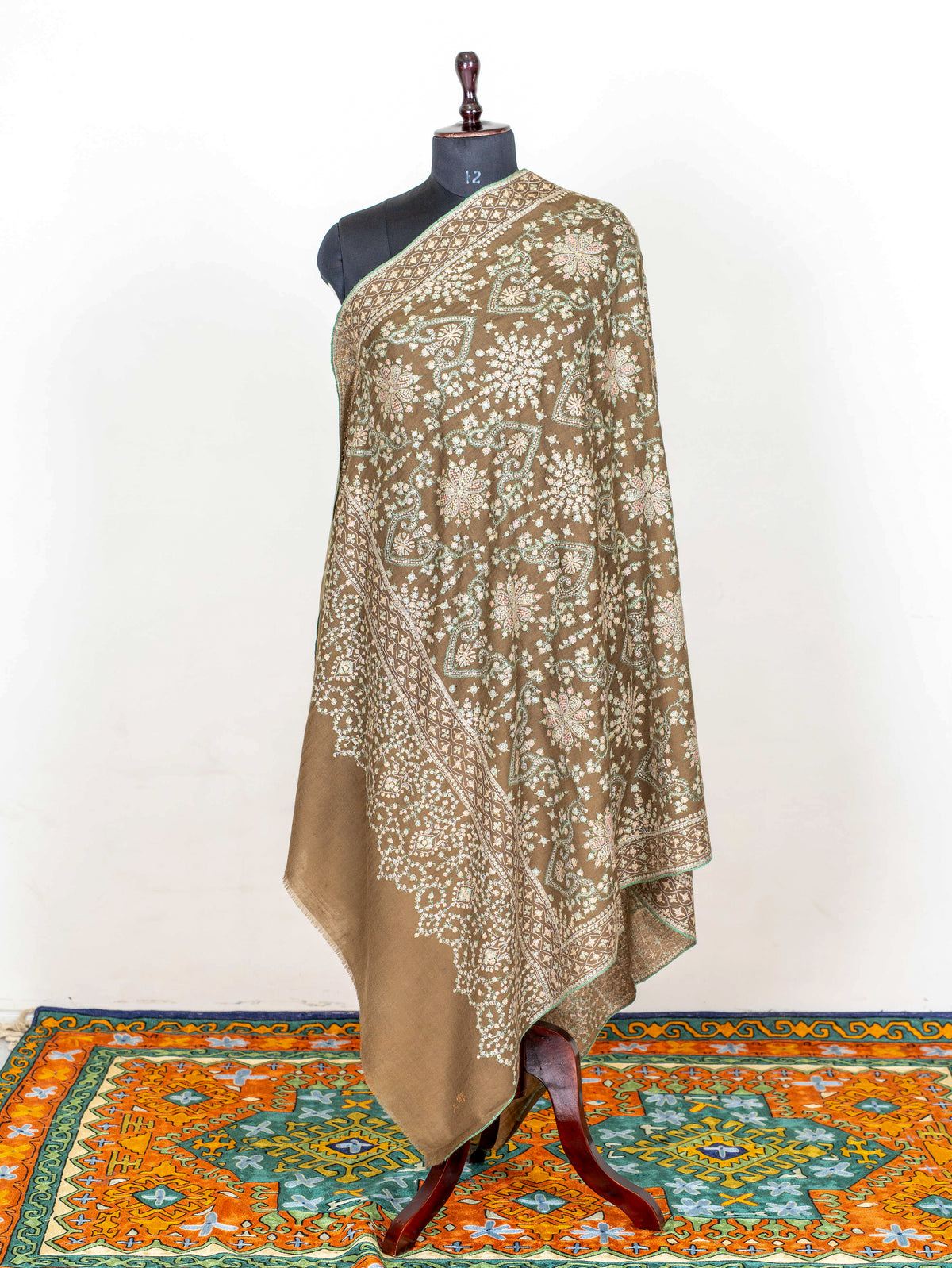 Olive Cascade Pure Pashmina Sozni Hand Embroidered Shawl